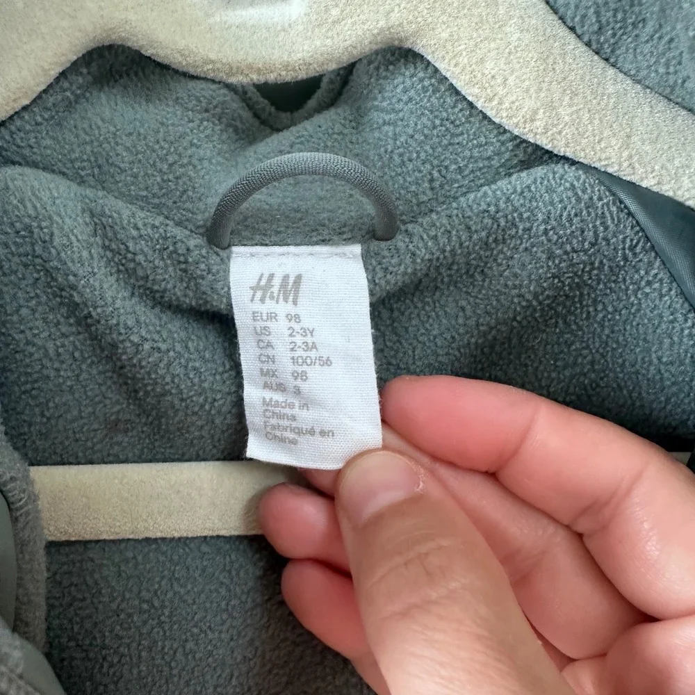 HM Kids Sage Green Fleece Lined Rain Jacket Detachable Hood Size 2-3Y